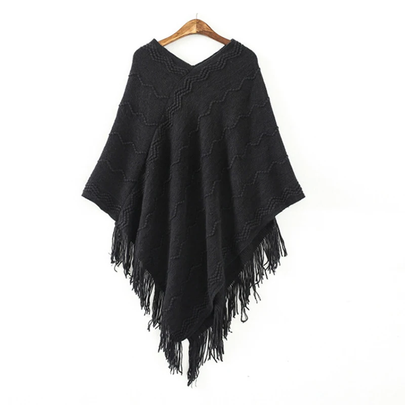 DSQUAENHD Winter Knit Tassel Hooded Cloak Women Casual Loose V-neck Wave Pattern Clothings Coats Batwing Cardigans Poncho |