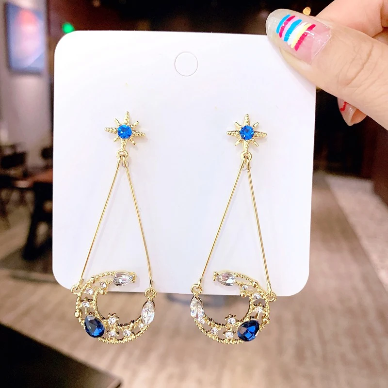 Новые очаровательные Блестящие кристаллы Луна и звезда Висячие серьги для