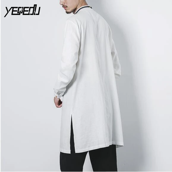 #2701 2018 White/Black Linen shirts men Fashion Extended Stand collar Single breasted Plate buckle Man high quality M-5XL | Мужская