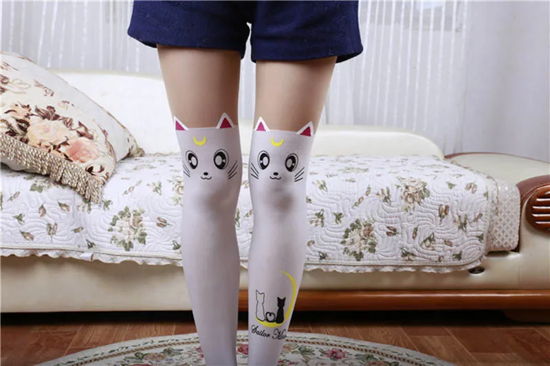 Аниме Сейлор Мун Косплей Гольфы Белый Черный милый Луна кошка чулки Сейлор леггинсы с Луной милые ветра ролевые игры чулки