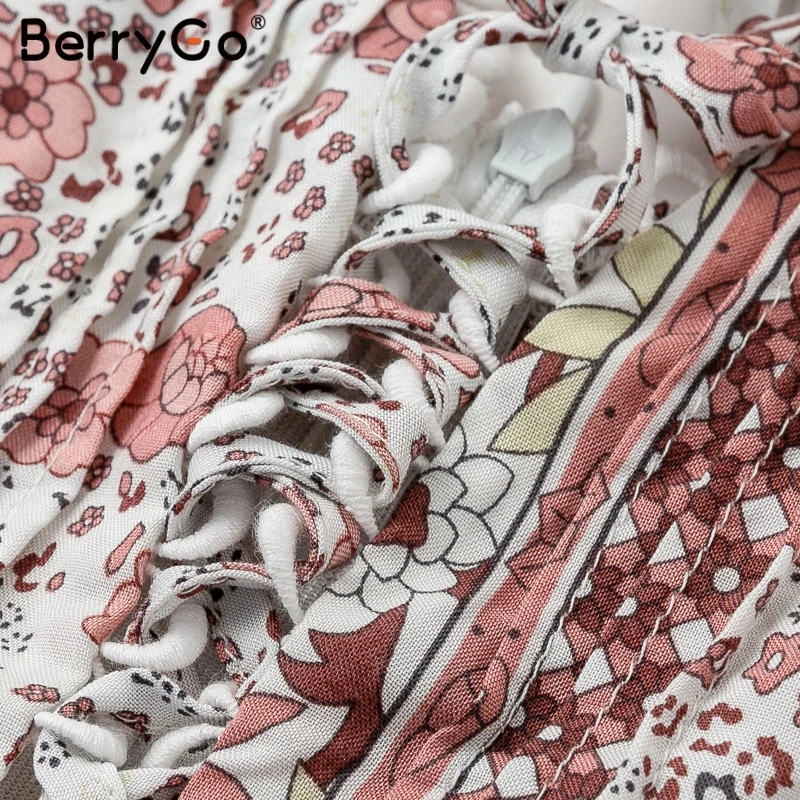 BerryGo Boho платья с v-образным вырезом и принтом женские Мини Летнее платье на