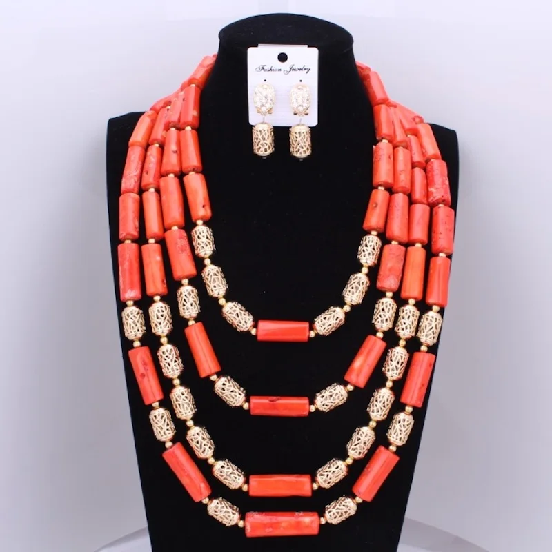 Newest 4 Layers Original Coral Beads Dubai Jewelry Sets Luxury Necklace Earrings Set for Brides Christmas Jewellery | Украшения и