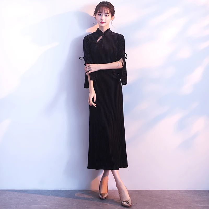 

Corduroy Chinese Oriental Dresses Summer Solid Color Flare Sleeve Cheongsam Qipao Dress Midi Elegant Chinese Dresses FF1700