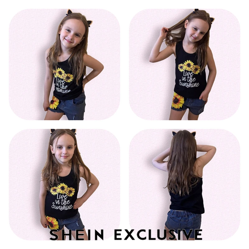 SHEIN/Детский жилет с надписью и подсолнухом и джинсовые шорты для девочек, комплекты года, летние детские комплекты одежды без рукавов