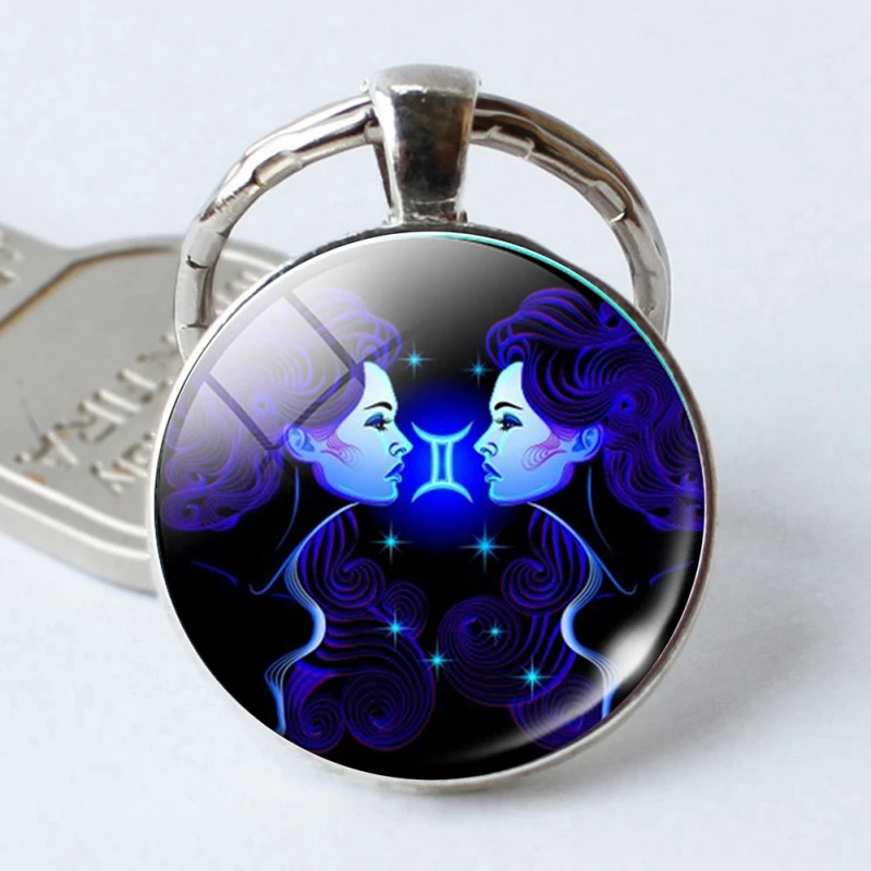 Car 12 Constellation Leo Virgo Key Chains Glass Cabochon Pendant Zodiac Sign Rings Silver Bag Keychain Special | Автомобили и
