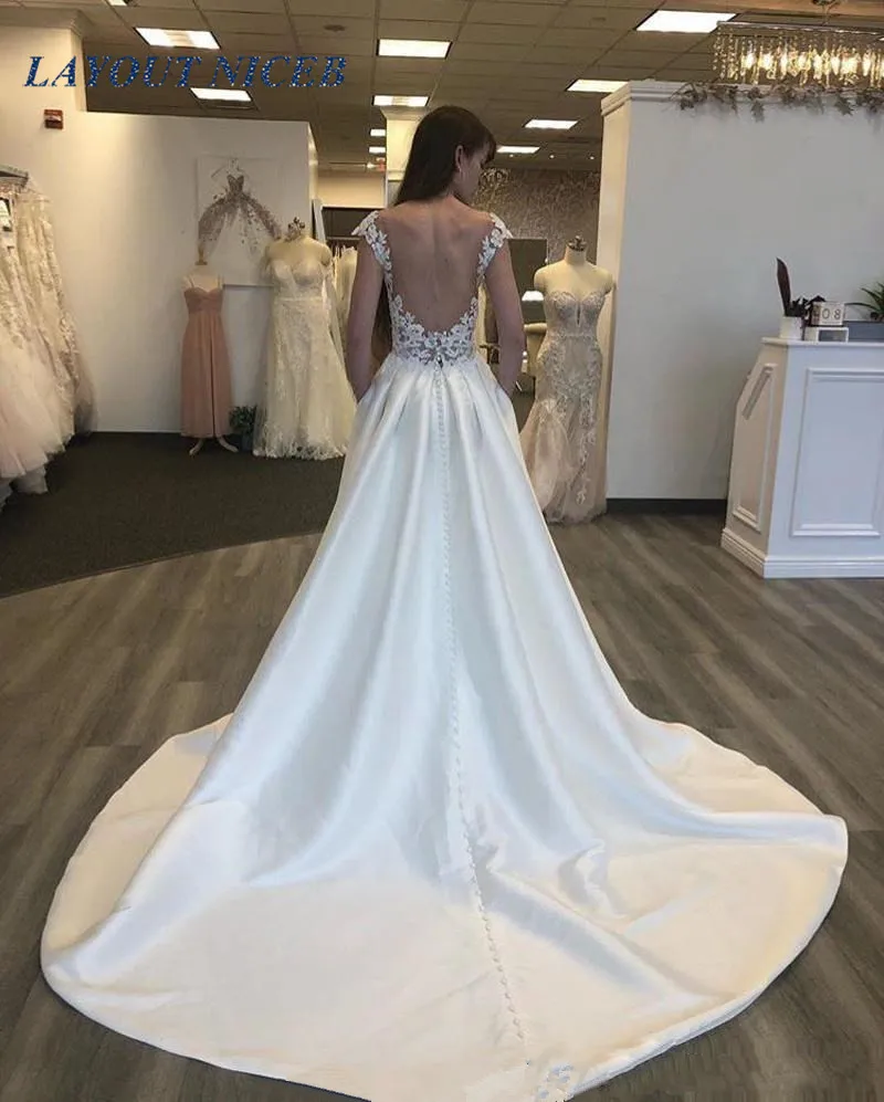

2019 Elegant Satin Beach Wedding Dresses Lace A Line Boho Wedding Gowns Count Train Vestidos De Novia Country Bridal Gowns
