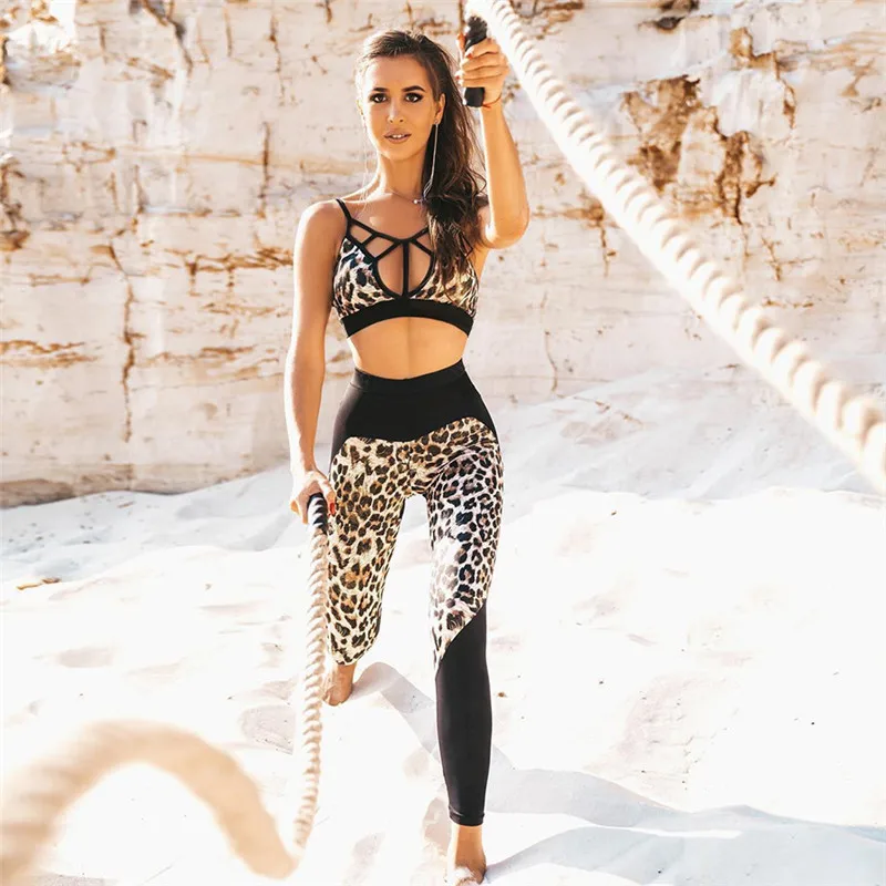 OVESPORT/женские комплекты повседневные для фитнеса леопардовые тонкие 2 предмета