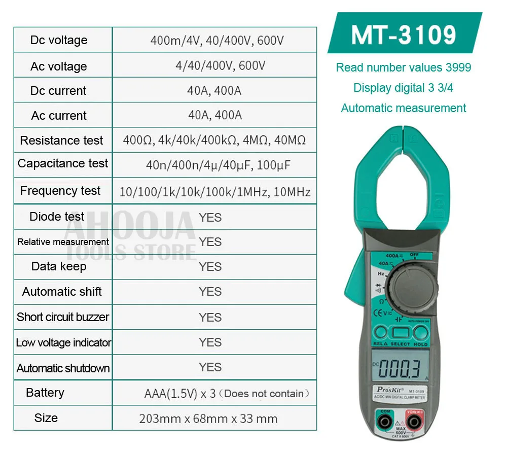 ProsKit MT-3109 AC DC ток цифровой клещи мультиметр Частота тока Емкость тестовый метр электрик ручные инструменты