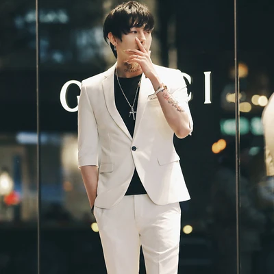 2019 британский стиль трендовый Летний Новый однотонный костюм с рукавами мужской