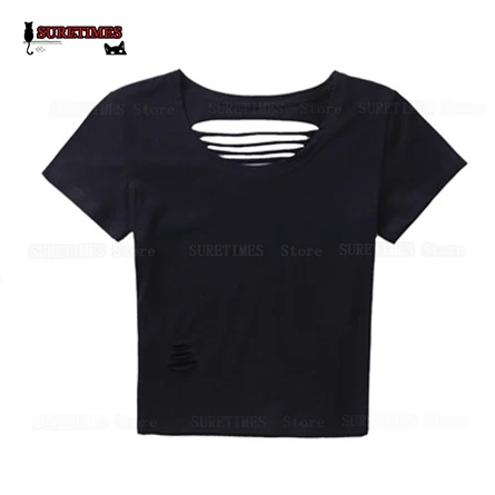 Сексуальная летняя футболка с отверстиями для женщин 2019 рваные футболки круглым