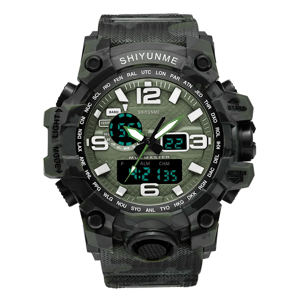 Бренд спортивные часы для мужчин Dual Time Камуфляж Военная Униформа часы для мужчин армия светодиодные цифровые наручные часы 50 м водонепроница - Цвет: Зеленый