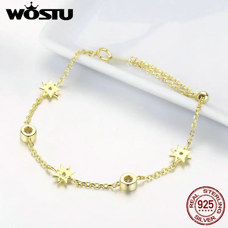 WOSTU Fashion Sterling Silver 925 Bracelets Gold Color Shining Star Zircon Chain Link For Women Jewelry DXB122 | Украшения и