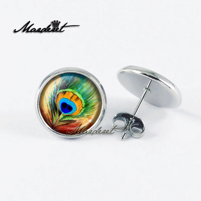 MARDERET Peacock Feather Glass Dome Stud Earrings Vintage Cabochon Back Earring Fashion Jewelry For Women | Украшения и