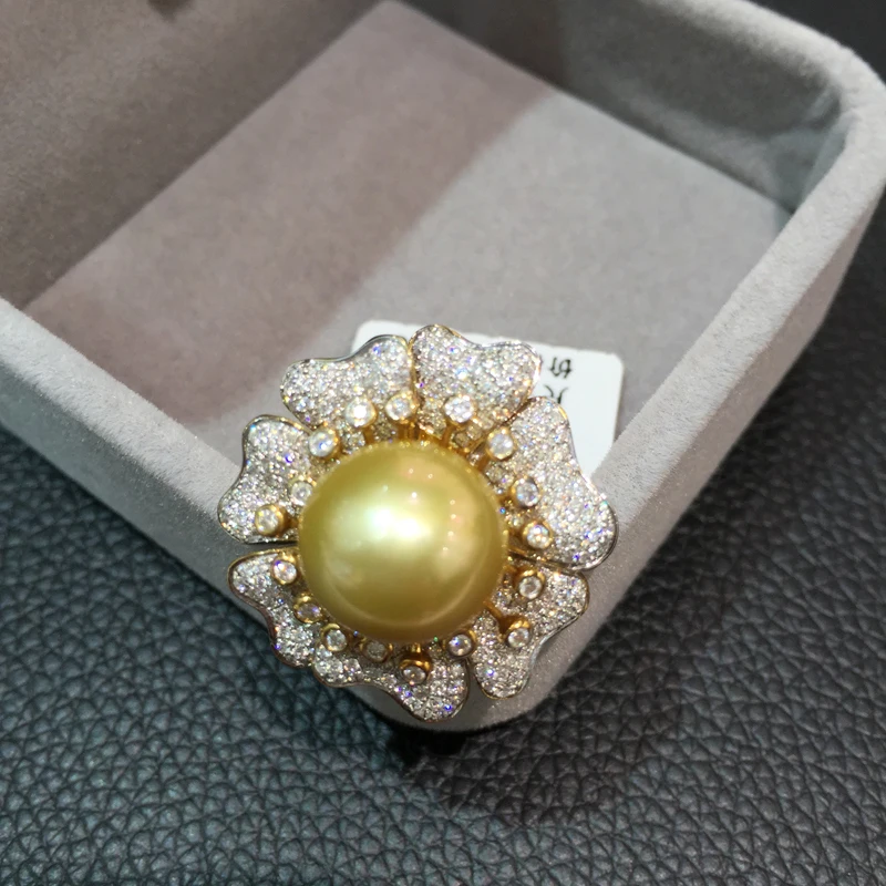 12.5-13MM natural gold pearl ring 18K with diamond flower big southsea jewelry cocktail free shipping | Украшения и аксессуары