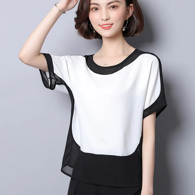 

New Fashion Summer Women Blouses Tops Chiffon Patchwork Short Batwing Sleeve O Neck Casual Office Ladies Top Blusas DD2578