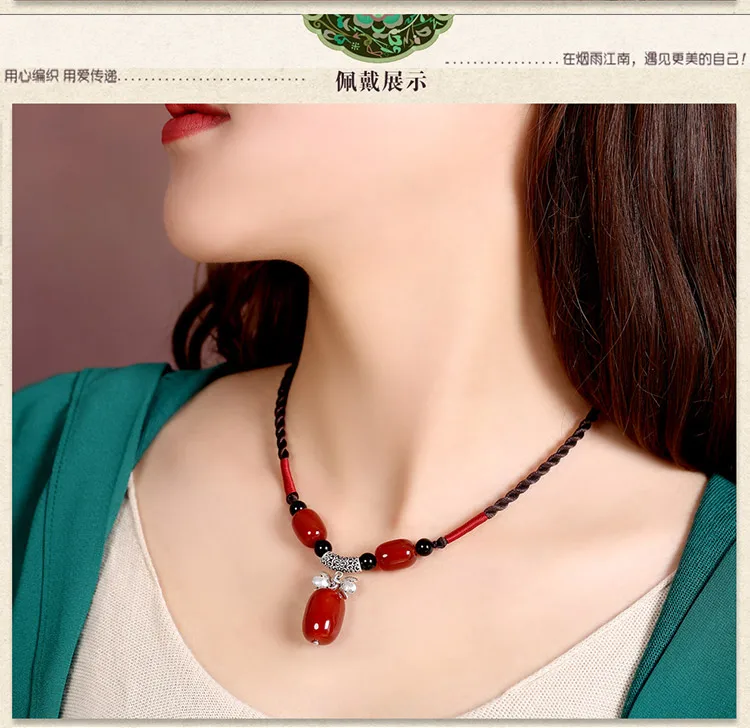 S 925 Siver Jewelry Necklace Chainbone Chain Women Clothes Accessories Wild Agate Pendant National Wind Red size 45CM | Украшения и