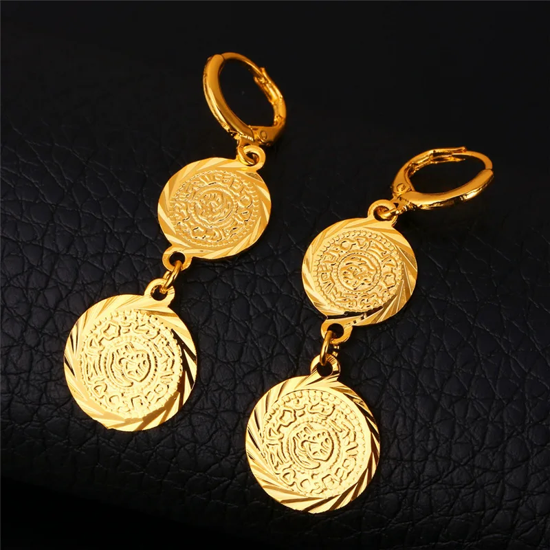 Женские длинные серьги подвески в форме монет золотистого цвета|coin earrings|coin drop