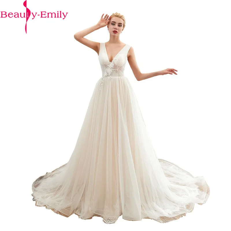 Женское свадебное платье с V образным вырезом кружевной аппликацией и