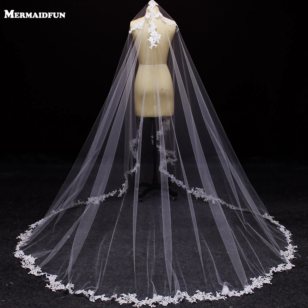 Белый Кот Тюль 3 М длинные один Слои аппликация Край свадебная фата Элегантные