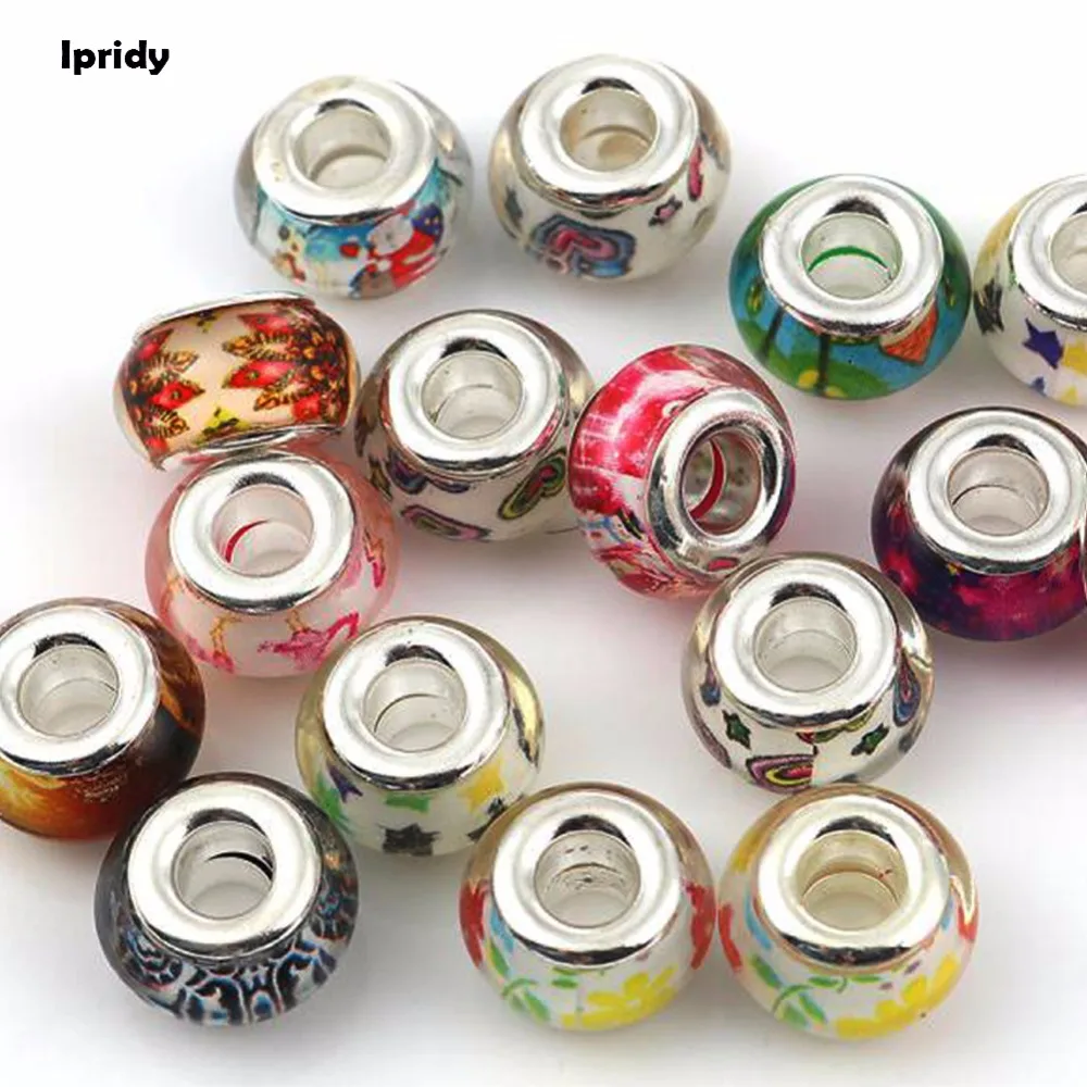 

Ipridy 20Pcs/lot 14mm Resin European Style Large Hole Charm Beads with plating Silver brass Cores, Fit Charms Bracelet