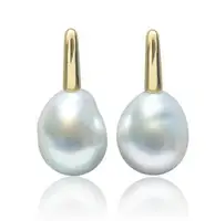 Wholesale price  Baroque White Real South Sea Cultured Pearl Drop Earrings 14k Yellow Gold 10-12mm