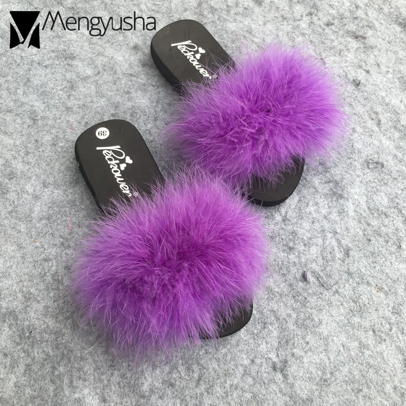 Шлепанцы женские пляжные уличные меховые сандалии на танкетке 3 см декоративные