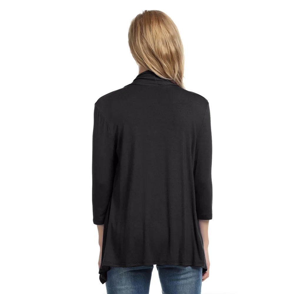 Meaneor Women Casual Cardigan For 2017 Fashion Autumn 3/4 Sleeve Solid Black Stretch fabric Asymmetric Hem Outwear |