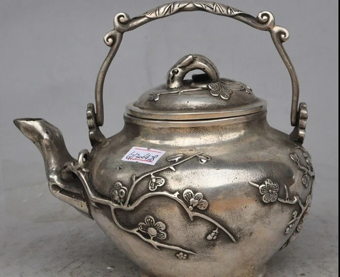 

decoration bronze factory outlets Tibet Silver 7"Marked old Chinese Dynasty Silver Auspicious Plum Blossom Wine TeaPot Flagon
