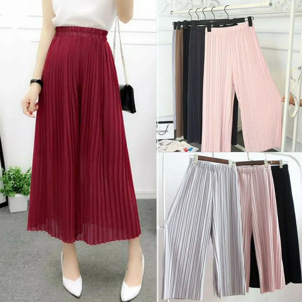 Женские однотонные плиссированные шифоновые брюки с широкими штанинами