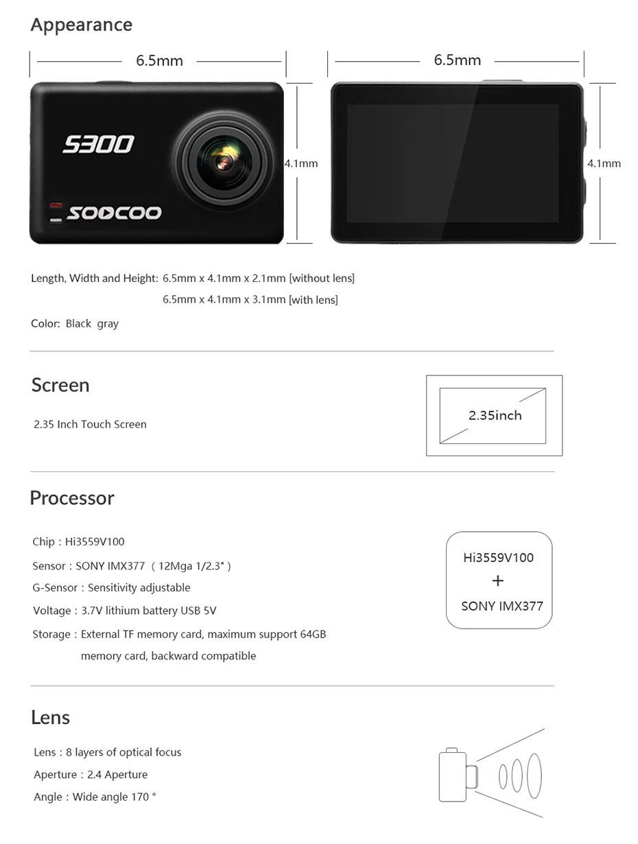 SOOCOO S300 Экшн-камера EIS стабилизация изображения Спортивная камера 4K 30FPS 2,3" сенсорный экран Hi3559V100 IMX377 Wifi Внешний микрофон gps