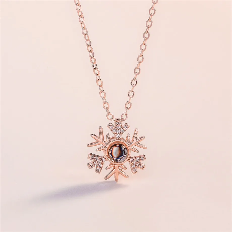 

Snowflake 100 Language I Love You Projection Necklace Pendant For Women Rose Gold&Silver Color Romantic Love Memory Jewelry