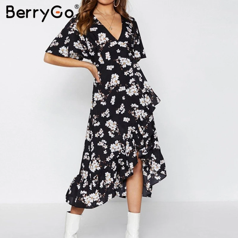 BerryGo boho Платья с цветочным принтом женские платья сексуальное платье v образным