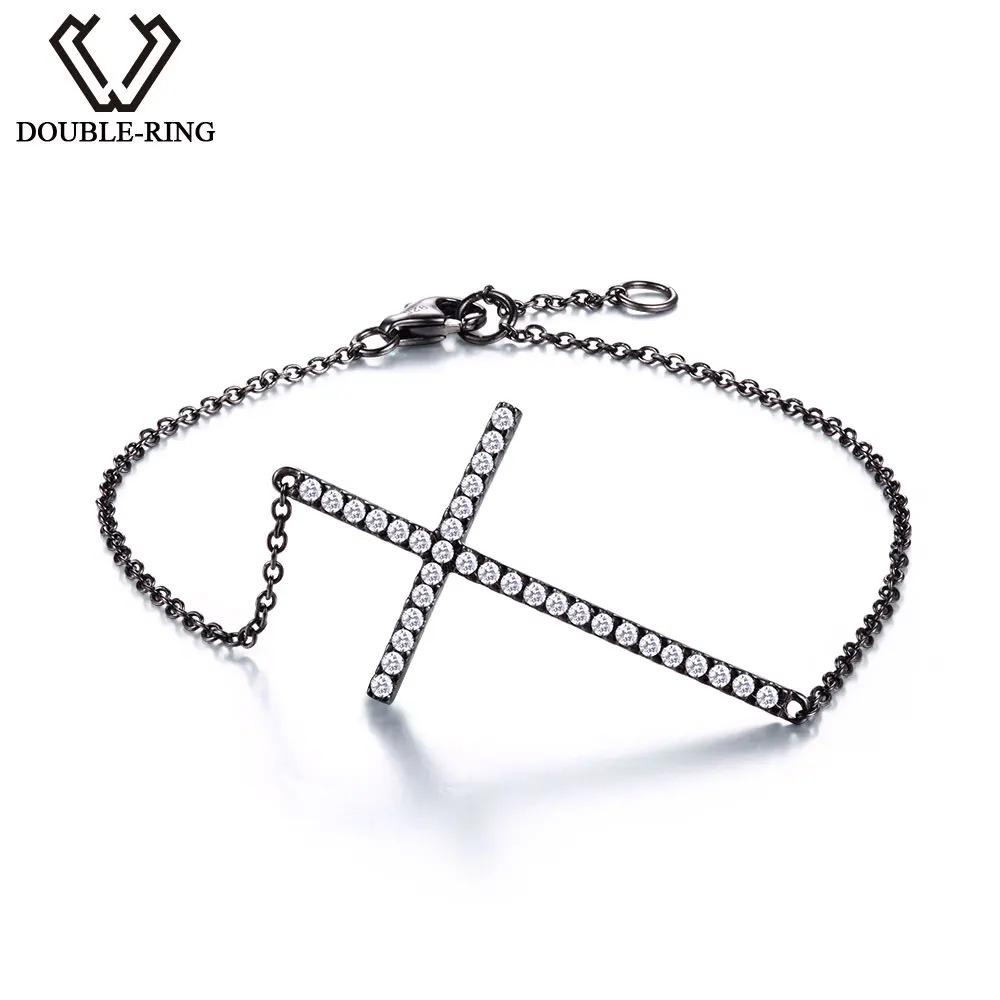 

DOUBLE-R 100% Real 925 Sterling Silver Cross Bracelet Created white Topaz Classic cross Bracelets Fine Jewelry