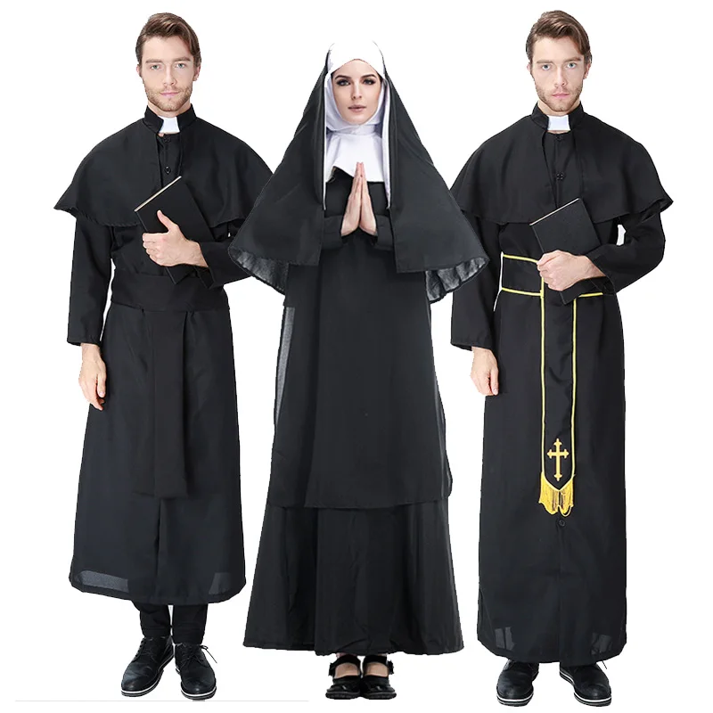 Черный Для мужчин Иисус Миссионерский костюм Priest Кристиан костюмы женщин