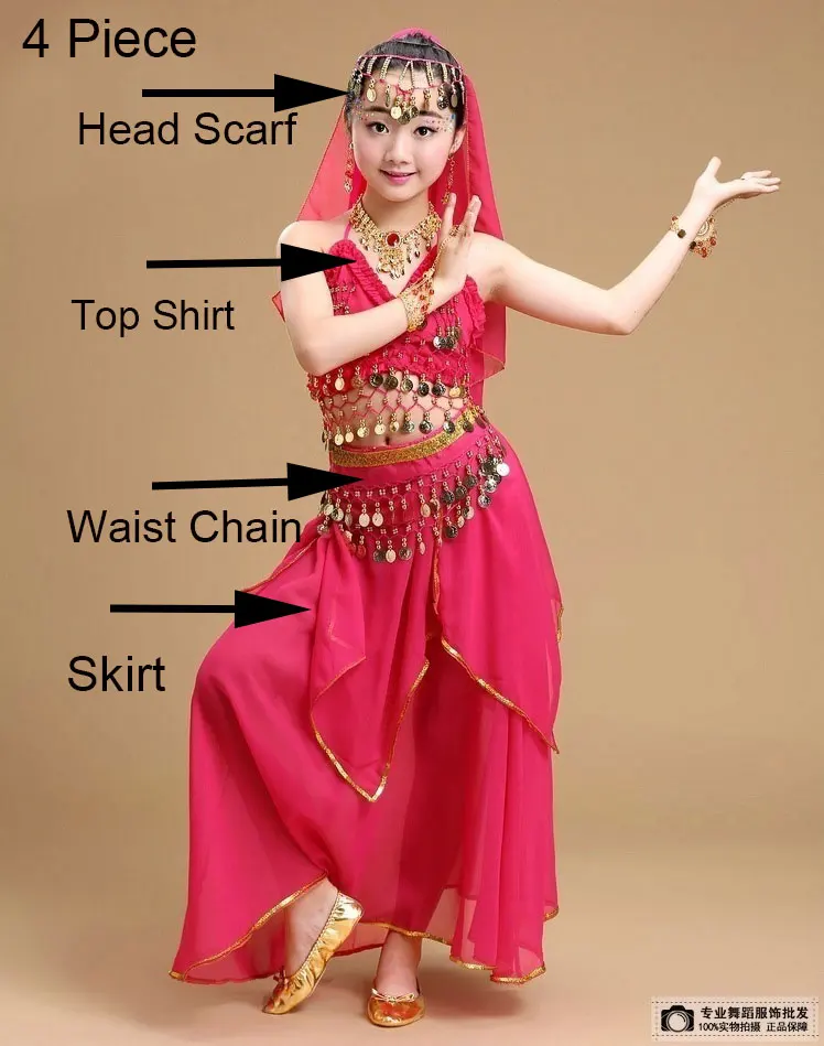 Hot Pink 4 Piece Детская Одежда для танцев, детский профессиональный костюм для танца живота для девочек, египетские костюмы, костюм для танца живота для девочек, танцевальный Болливуд - Цвет: Hot Pink 4 Piece
