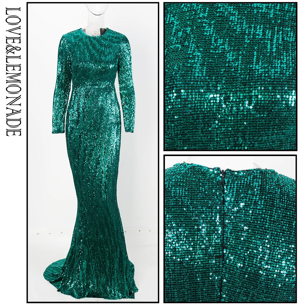 

LOVE&LEMONADE Sexy 0-Neck High Waist Elastic Pleated Sequins Fishtail Shape Party Long Dress LM81320 GREEN