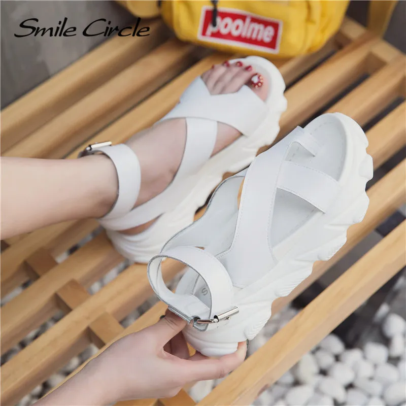 Smile Circle/2019 г. Летние босоножки из натуральной кожи женские сандалии на плоской