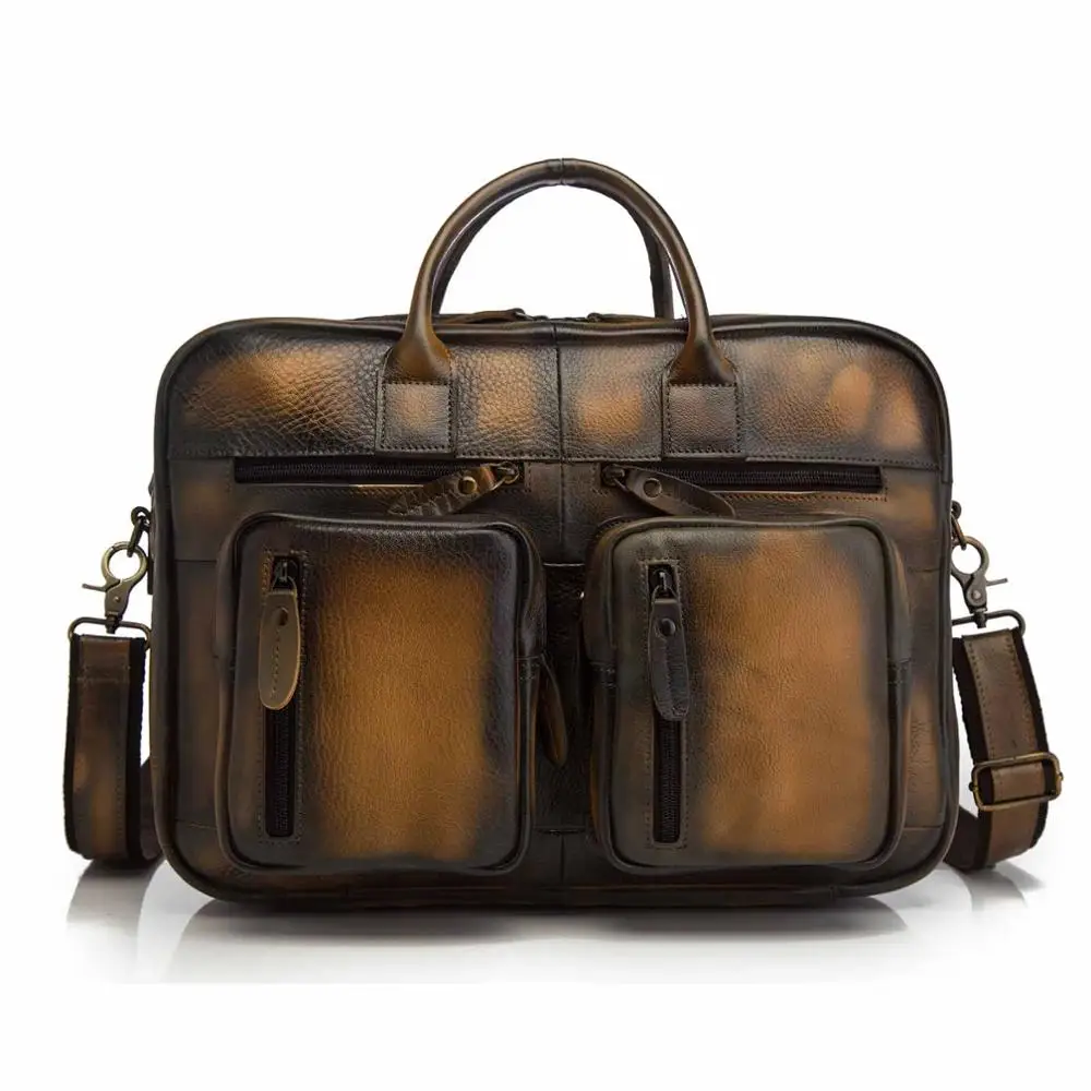 light brown Мужской кожаный портфель в античном стиле, деловой портфель для путешествий, сумка для ноутбука, черная модная сумка-мессенджер, мужская сумка-тоут k1013b - Цвет: light brown