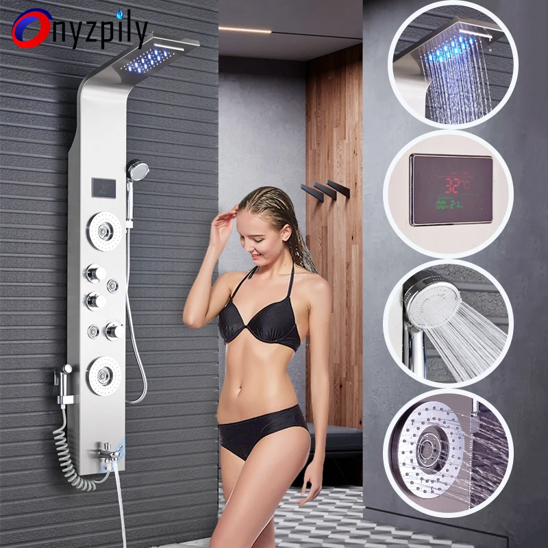 

NEW Shower Panel LED Rainfall Waterfall Shower Head Rain Massage System Body Jets & Hand Shower Stainless Steel Bathroom