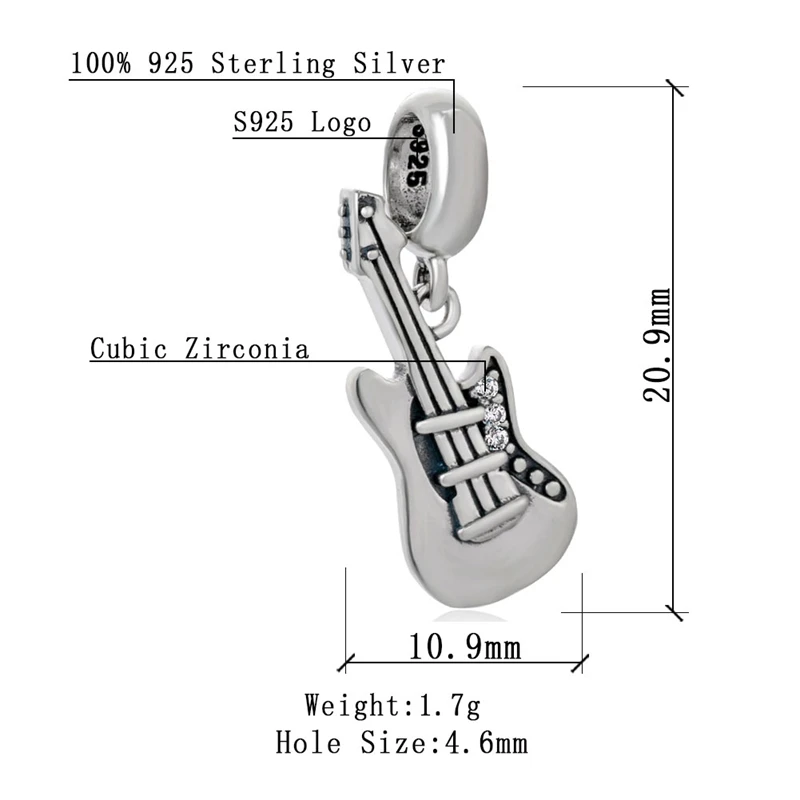 Dangle Guitar Charm Sambaah любим музыку биения подвеска с фианитом камень 925 пробы серебро наушников бусинами подходят Pandora музыка браслет с нотами - Цвет: Dangle Guitar Charm