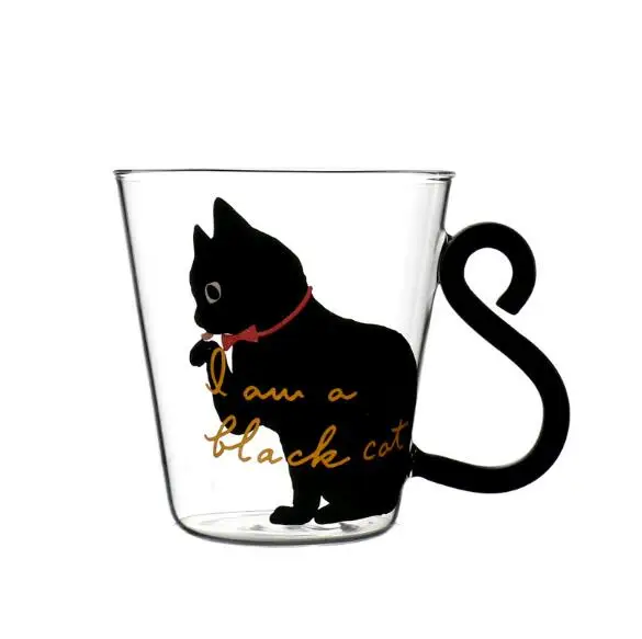 Black Милый Кот, молоко, кофейная кружка, стеклянная кружка, чашка для чая, чашка с мультяшным дизайном, для дома, офиса, чашка для фруктового сока - Цвет: Black