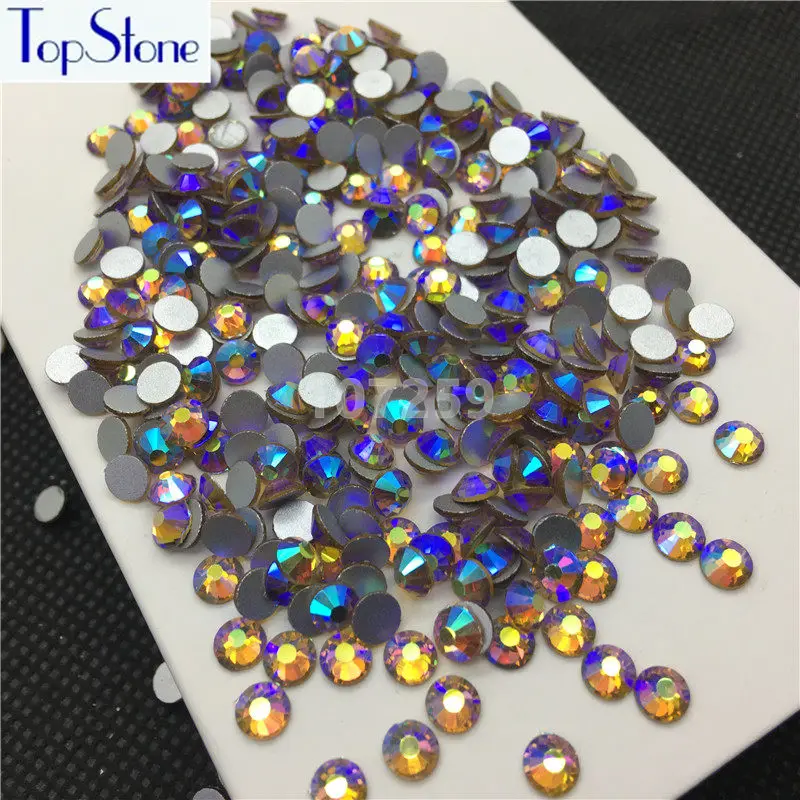 TopStone Topaz AB цветные круглые стеклянные кристаллы с плоским основанием для дизайна