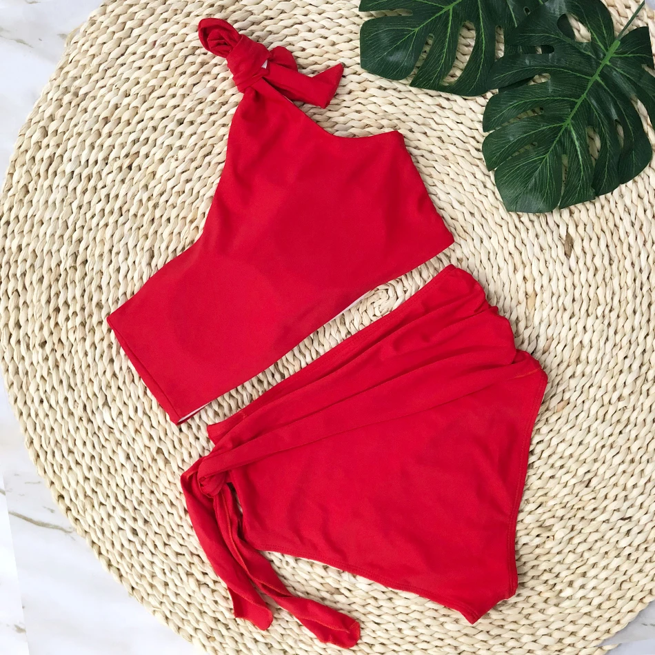 Бикини с высокой талией однотонное бикини на одно плечо пляжная одежда женский