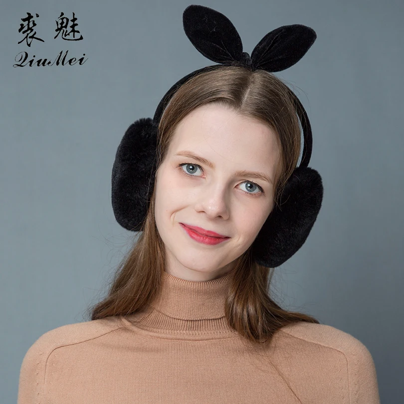 

Girls 100% Real Rabbit Fur Earmuffs 2019 Winter Earmuff Cartoon Cute Ear Warmers Cat Ear Furry Plush Warm Fur Earmuffs with Bow