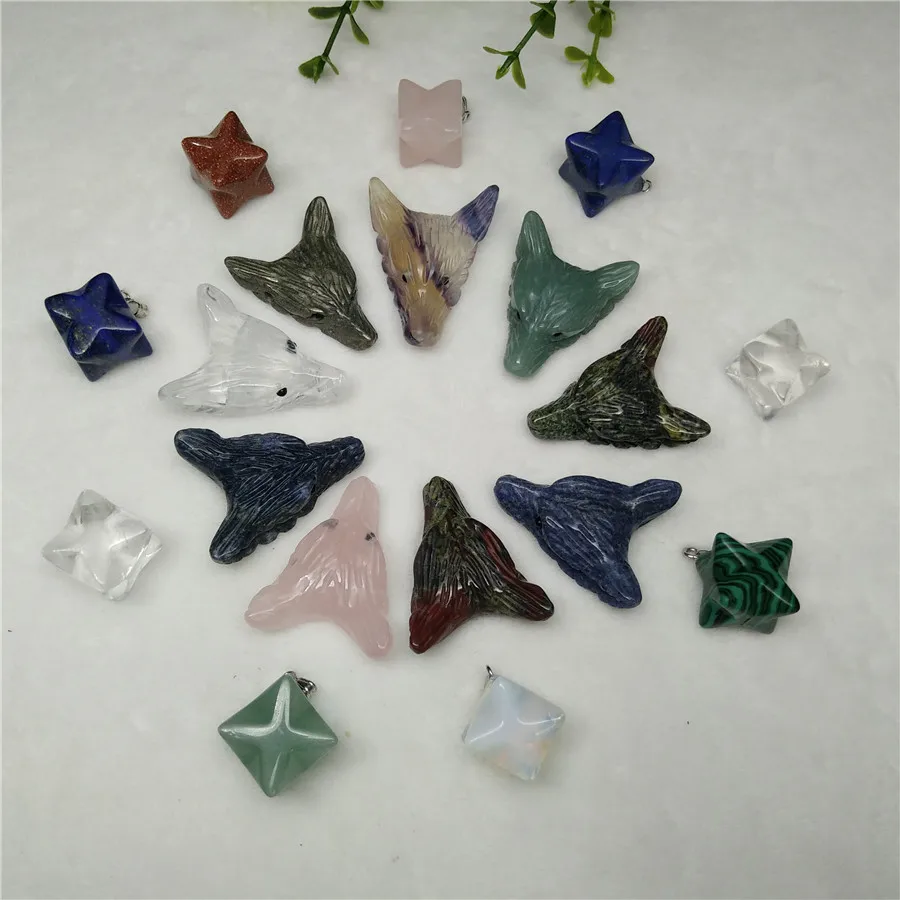 6 шт. ручной работы резной драгоценный камень Волчья Голова Merkabah звезда кулон