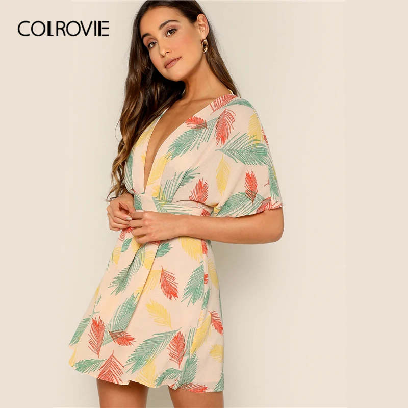 COLROVIE, платье с v-образным вырезом, с открытой спиной, Тропическое, плиссированное, бохо, женское,, летнее, ТРАПЕЦИЕВИДНОЕ, с высокой талией, для отдыха, Пляжное, мини-платье