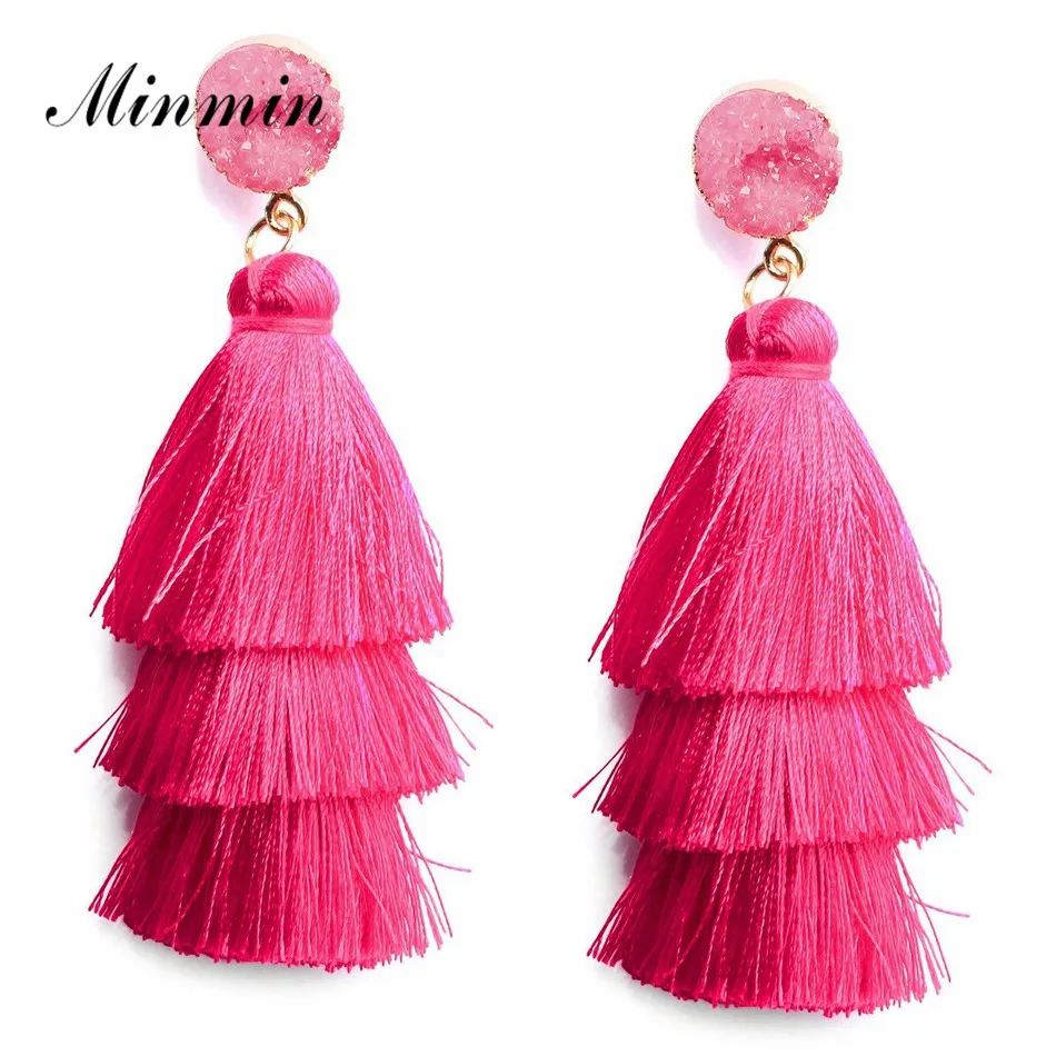 Fuchsia Minmin Многослойные богемные серьги с бахромой для женщин, женские этнические серьги с бахромой, модные серьги с подвесками, ювелирные изделия MEH1204 - Окраска металла: Fuchsia