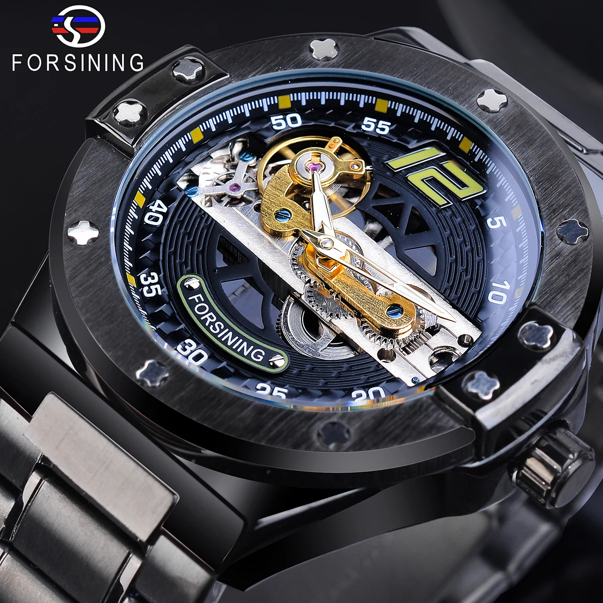 

Forsining Men Black Bridge Mechanical Watch Male Automatic Transparent Gear Full Steel Strap Race Sport Military Watches Relogio