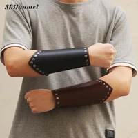 1pc cross string black steampunk medieval gauntlet wristband brown cosplay props faux leather wide bracer lace up arm armor cuff