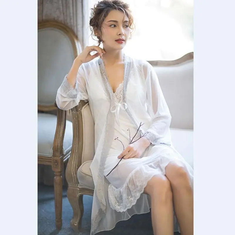 Smmoloa Summer Women Lace Robe Gown Set Sexy See-through Mesh Sleepwear | Женская одежда